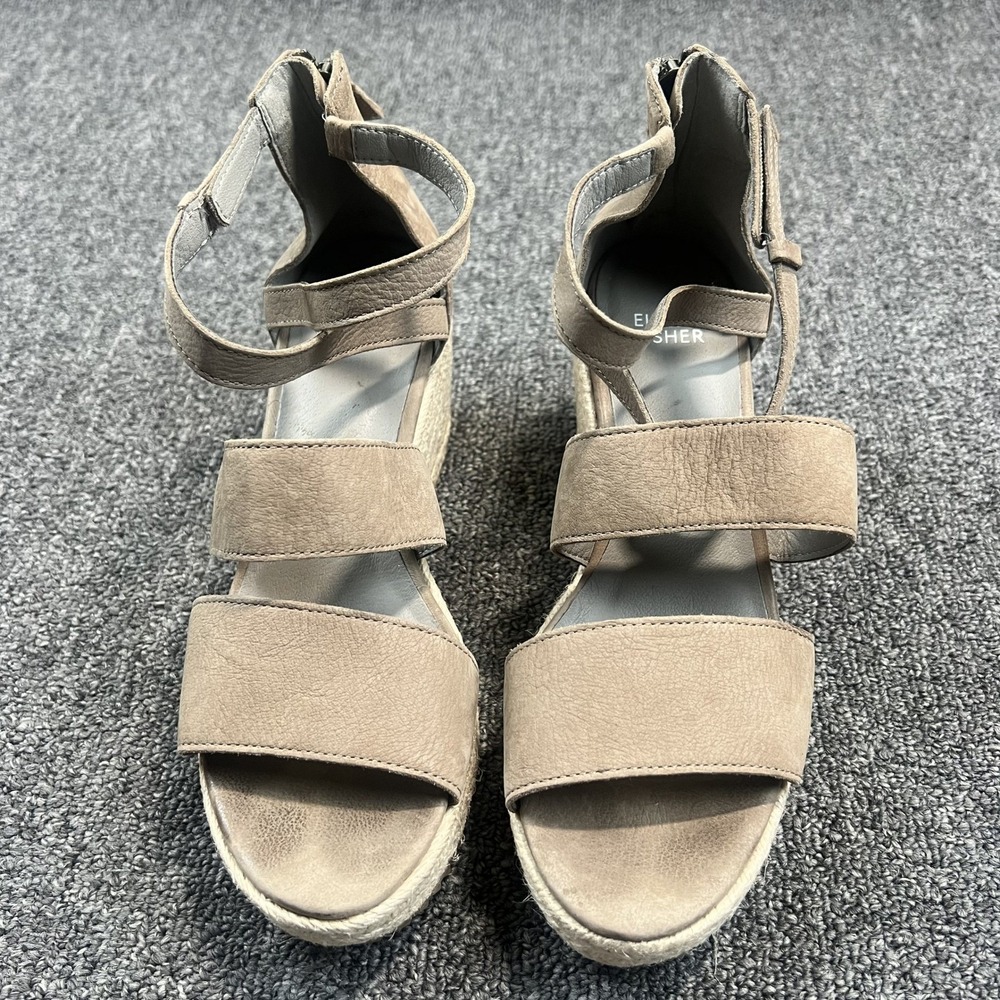 Eileen Fisher Minimalist Leather Espadrille Wedge Sandals 7.5 Taupe Strappy Boho